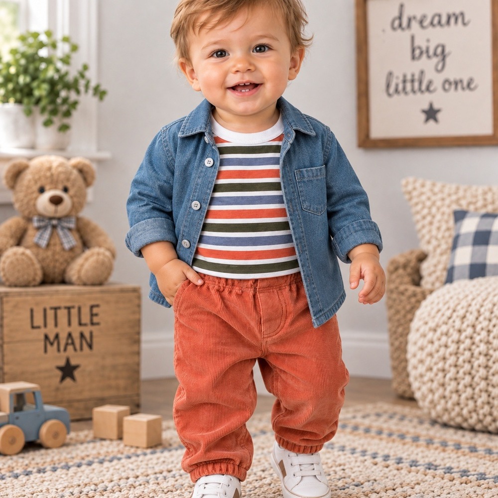 First Impressions Baby Boy 3pc Denim Shirt Striped Tee Corduroy Pants Set 12M
